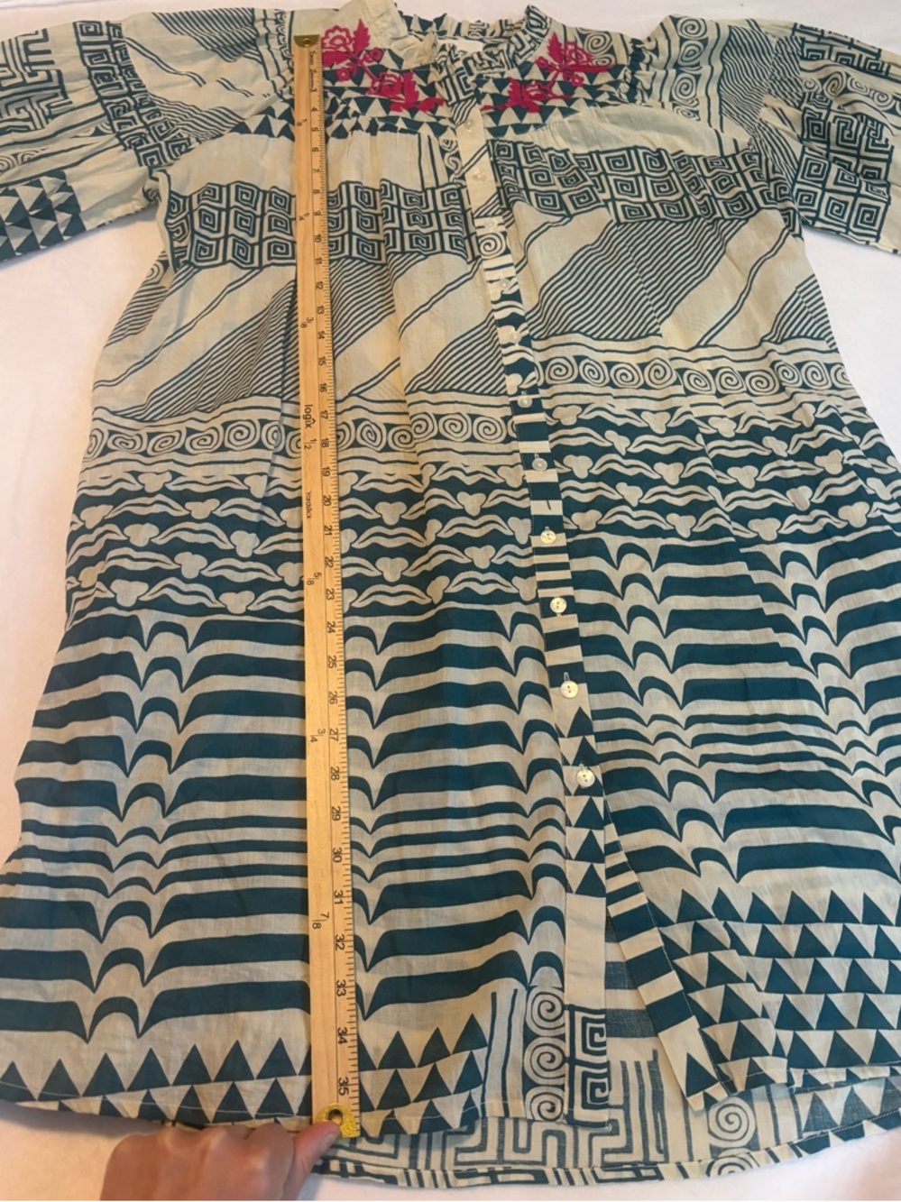 100% Cotton Blue and Cream Printed Button-Front Tunic Dress- Oh My Stars - Picture 6 of 10